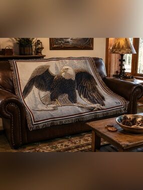Fringed Throw Woven Eagle Tapestry Blanket AL AGNEW Cabin America USA Realistic